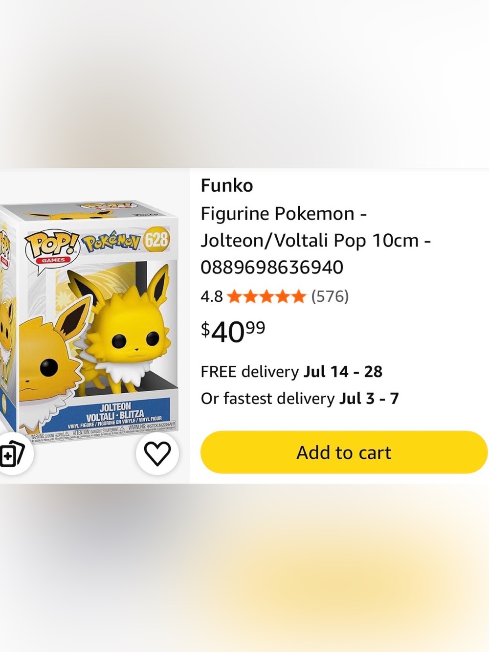 Funko Jolteon Vinyl Figure - Yellow with White Collar
